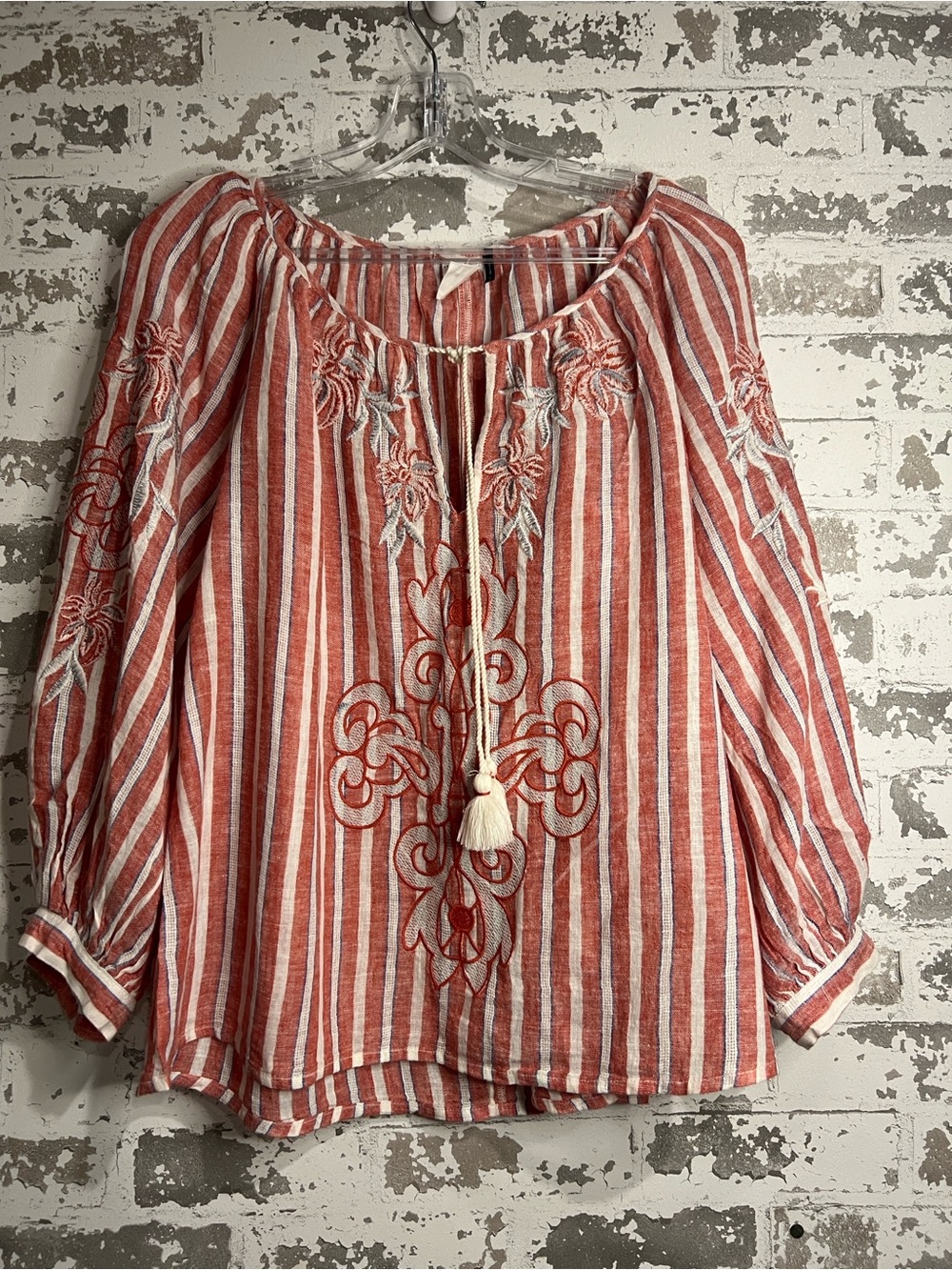 Anthropologie Red & White Striped Embroidered Peasant Tunic